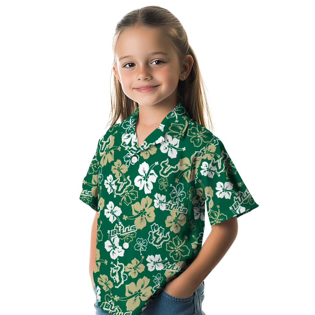 South Florida Bulls Hawaiian Shirt - Hibiscus Flower Design south florida bulls hibiscus bloom green hawaiian shirts premium grade
