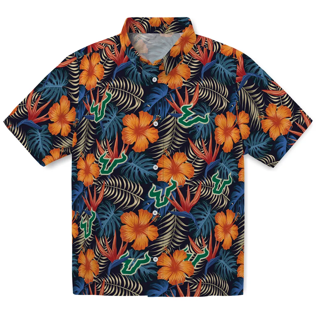 South Florida Bulls Hawaiian Shirt - Hibiscus Foliage south florida bulls hibiscus foliage hawaiian shirts best selling