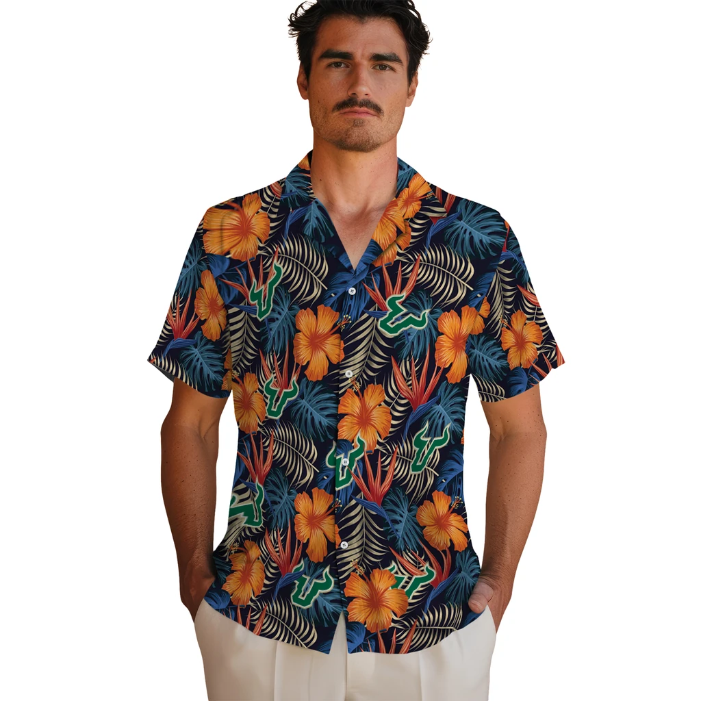 South Florida Bulls Hawaiian Shirt - Hibiscus Foliage south florida bulls hibiscus foliage hawaiian shirts fashion forward