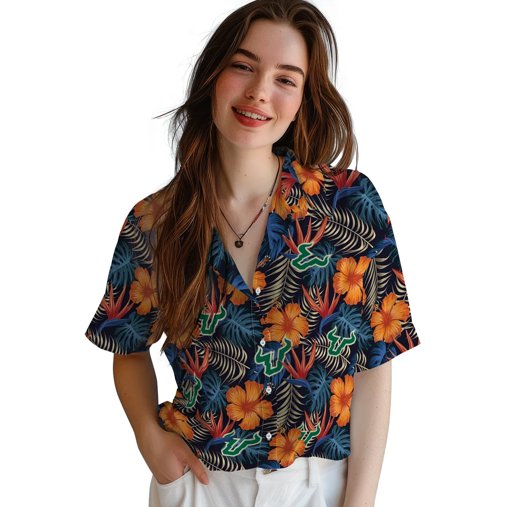 South Florida Bulls Hawaiian Shirt - Hibiscus Foliage south florida bulls hibiscus foliage hawaiian shirts latest model