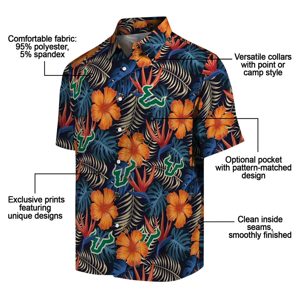 South Florida Bulls Hawaiian Shirt - Hibiscus Foliage south florida bulls hibiscus foliage hawaiian shirts new arrival