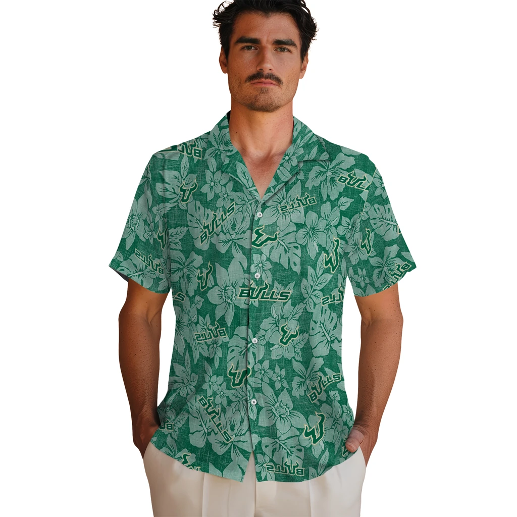 South Florida Bulls Hawaiian Shirt - Hibiscus Oasis south florida bulls hibiscus oasis green hawaiian shirts fashion forward