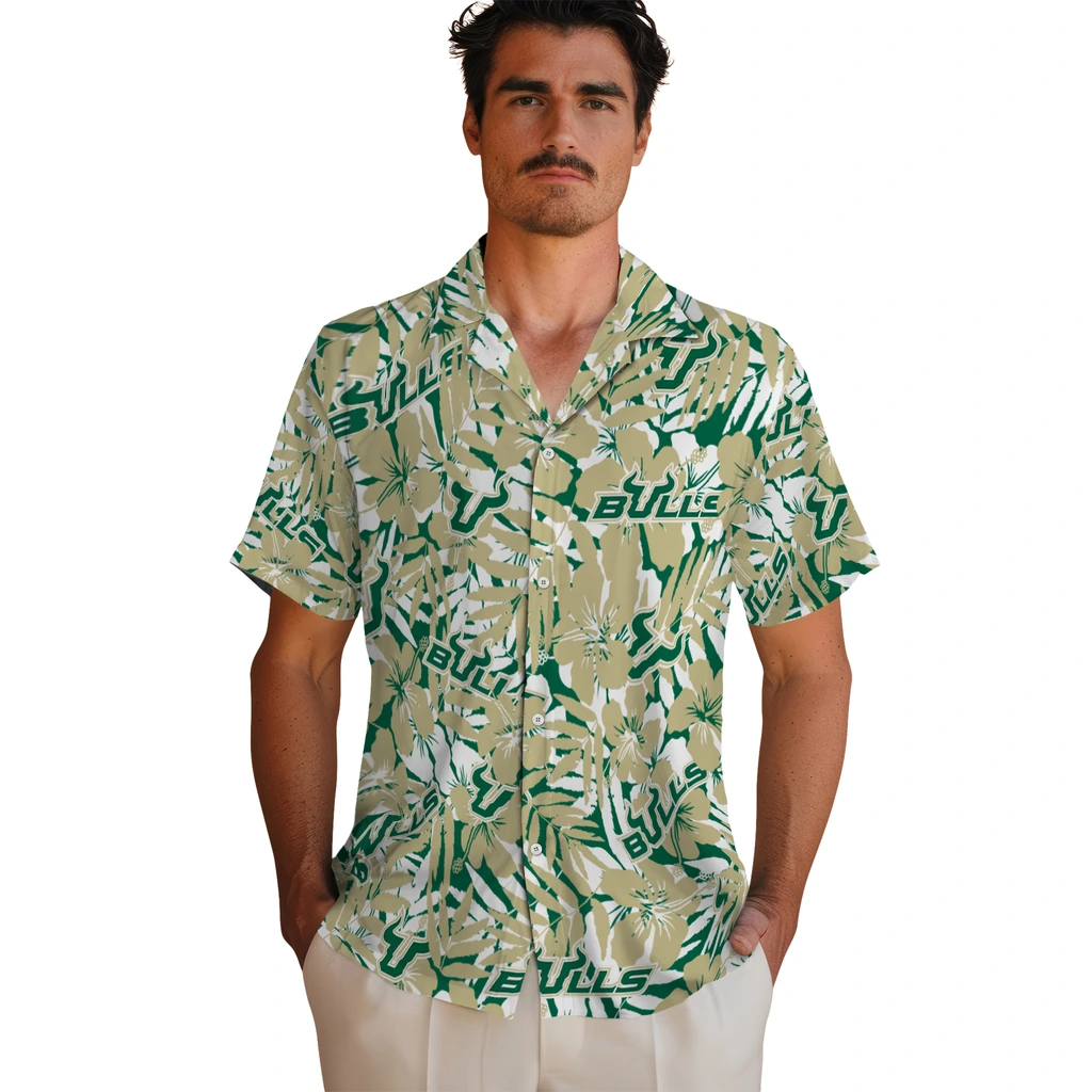 South Florida Bulls Hawaiian Shirt - Hibiscus Overlay south florida bulls hibiscus overlay hawaiian shirts fashion forward