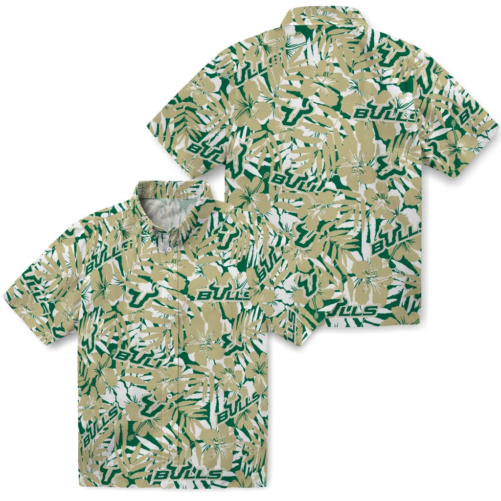 South Florida Bulls Hawaiian Shirt - Hibiscus Overlay south florida bulls hibiscus overlay hawaiian shirts high quality