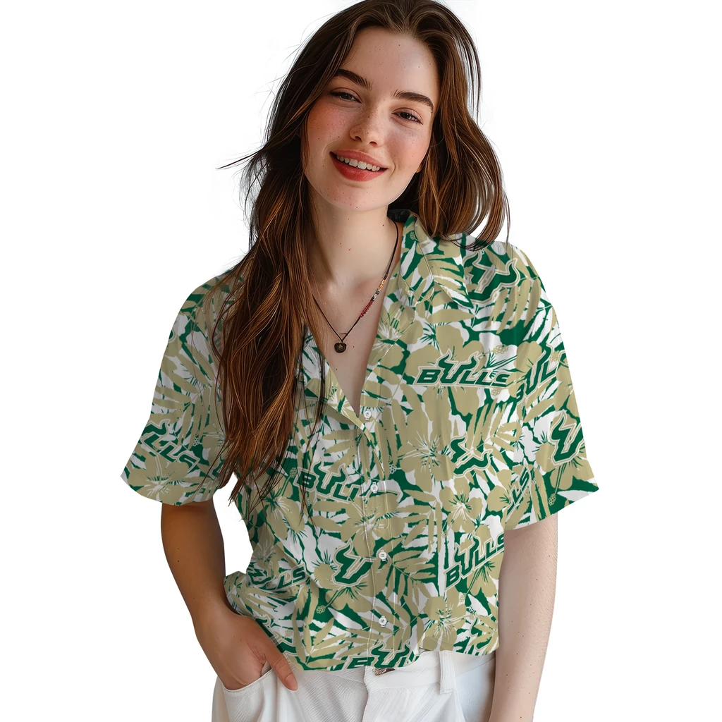South Florida Bulls Hawaiian Shirt - Hibiscus Overlay south florida bulls hibiscus overlay hawaiian shirts latest model
