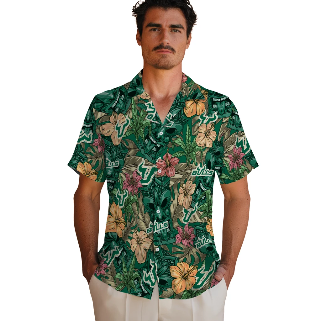 South Florida Bulls Hawaiian Shirt - Hibiscus Tiki Jungle south florida bulls tiki jungle green hawaiian shirts fashion forward