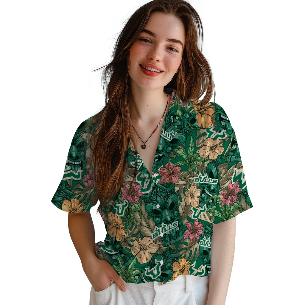 South Florida Bulls Hawaiian Shirt - Hibiscus Tiki Jungle south florida bulls tiki jungle green hawaiian shirts latest model