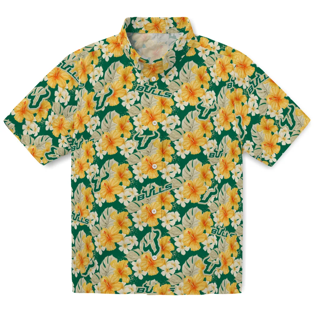 South Florida Bulls Hawaiian Shirt - Hibiscus Tropics south florida bulls hibiscus tropics green yellow hawaiian shirts best selling