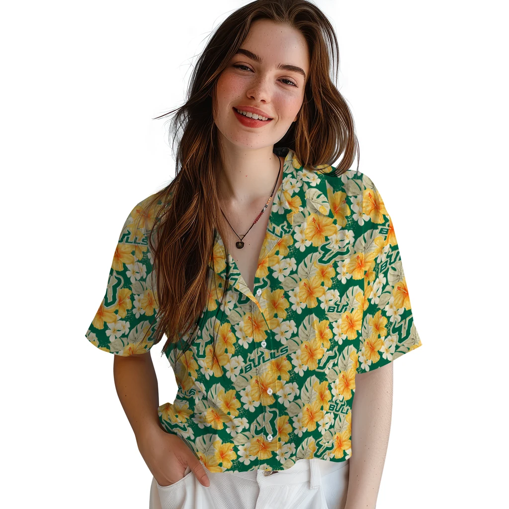 South Florida Bulls Hawaiian Shirt - Hibiscus Tropics south florida bulls hibiscus tropics green yellow hawaiian shirts latest model