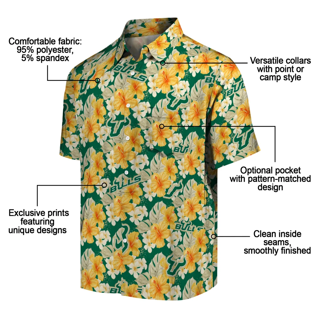 South Florida Bulls Hawaiian Shirt - Hibiscus Tropics south florida bulls hibiscus tropics green yellow hawaiian shirts new arrival