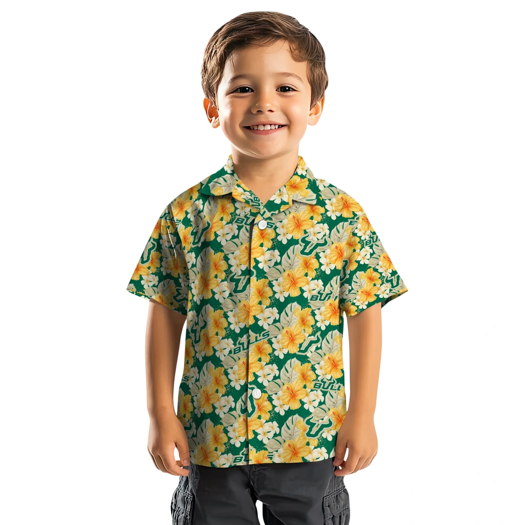 South Florida Bulls Hawaiian Shirt - Hibiscus Tropics south florida bulls hibiscus tropics green yellow hawaiian shirts top rated