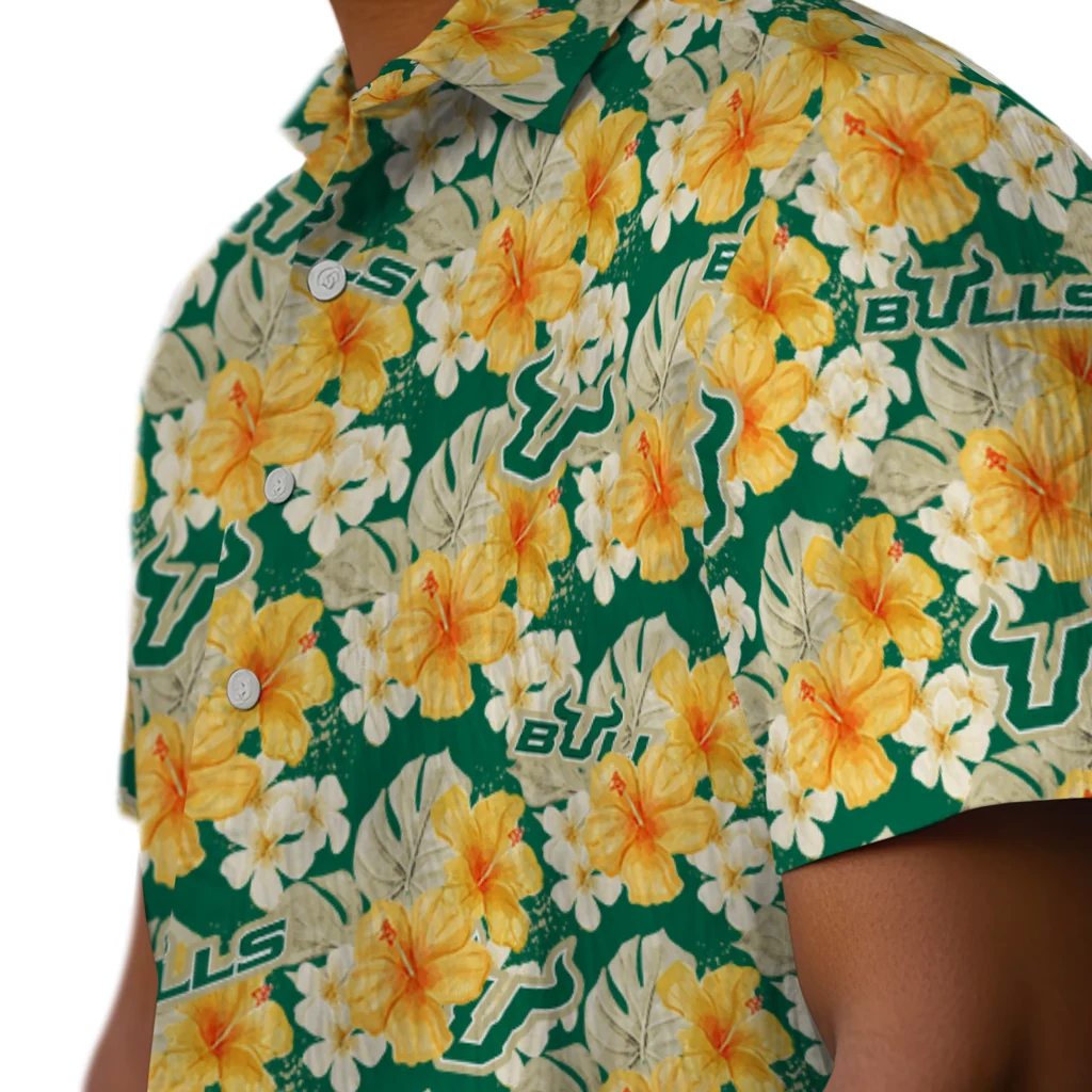South Florida Bulls Hawaiian Shirt - Hibiscus Tropics south florida bulls hibiscus tropics green yellow hawaiian shirts trendy