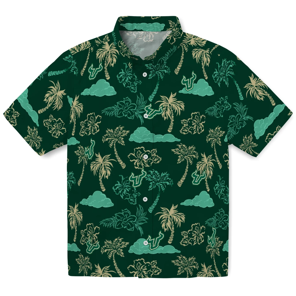 South Florida Bulls Hawaiian Shirt - Palm And Clouds south florida bulls palm and clouds green hawaiian shirts best selling