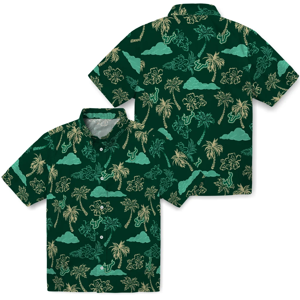 South Florida Bulls Hawaiian Shirt - Palm And Clouds south florida bulls palm and clouds green hawaiian shirts high quality