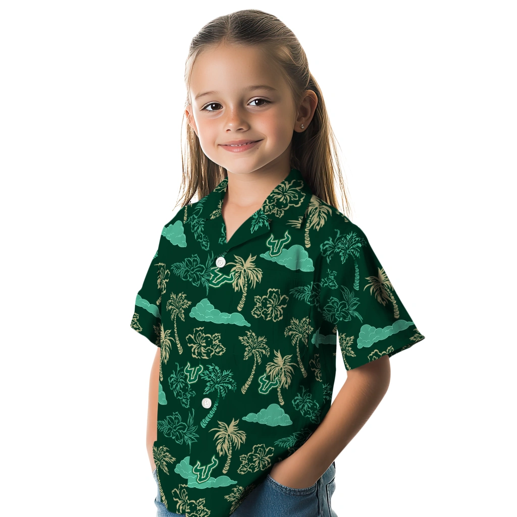 South Florida Bulls Hawaiian Shirt - Palm And Clouds south florida bulls palm and clouds green hawaiian shirts premium grade