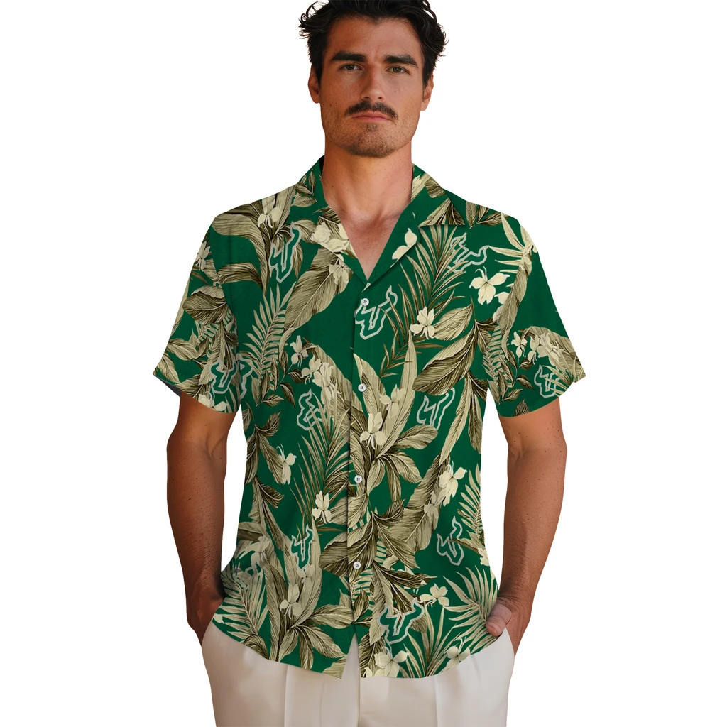 South Florida Bulls Hawaiian Shirt - Palm Leaves south florida bulls palm leaves green hawaiian shirts fashion forward