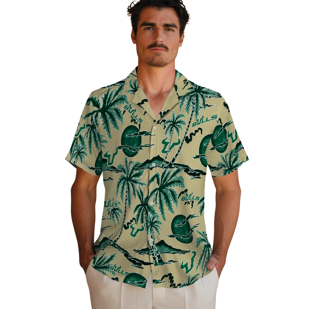 South Florida Bulls Hawaiian Shirt - Palm Sunset south florida bulls palm sunset hawaiian shirts fashion forward
