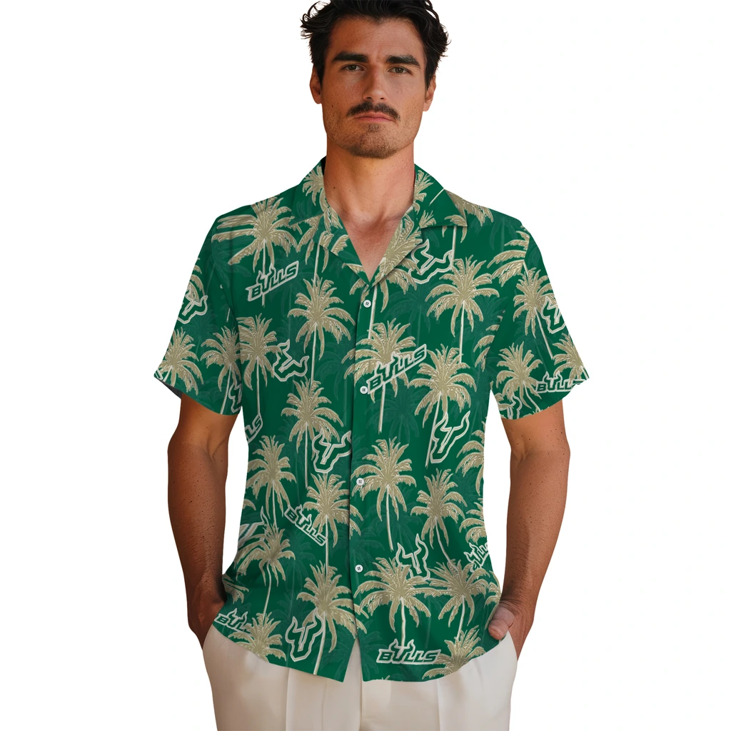 South Florida Bulls Hawaiian Shirt - Palm Tree Motif south florida bulls palm grove green hawaiian shirts fashion forward