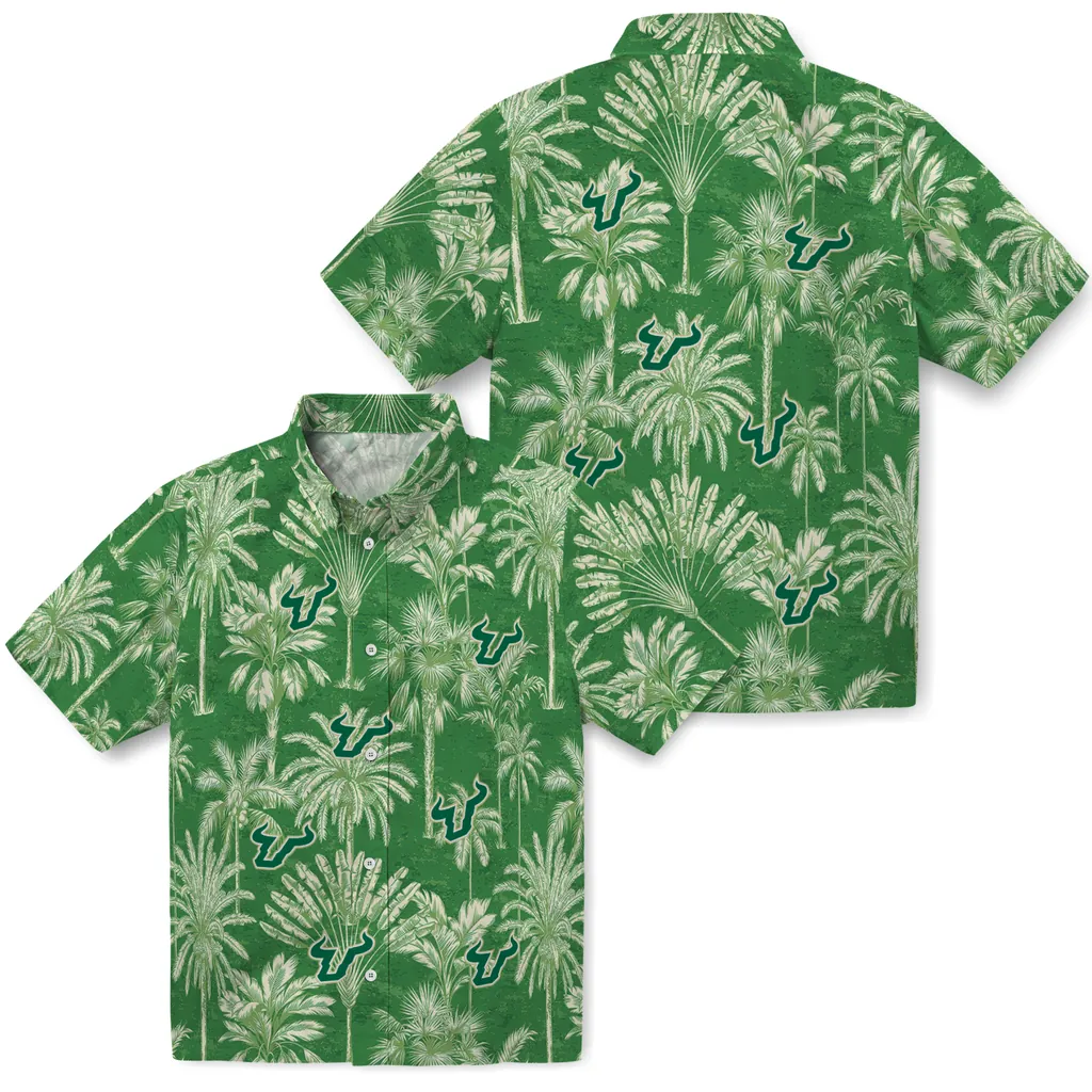 South Florida Bulls Hawaiian Shirt - Vintage Palm Tree south florida bulls palm shadows green hawaiian shirts high quality