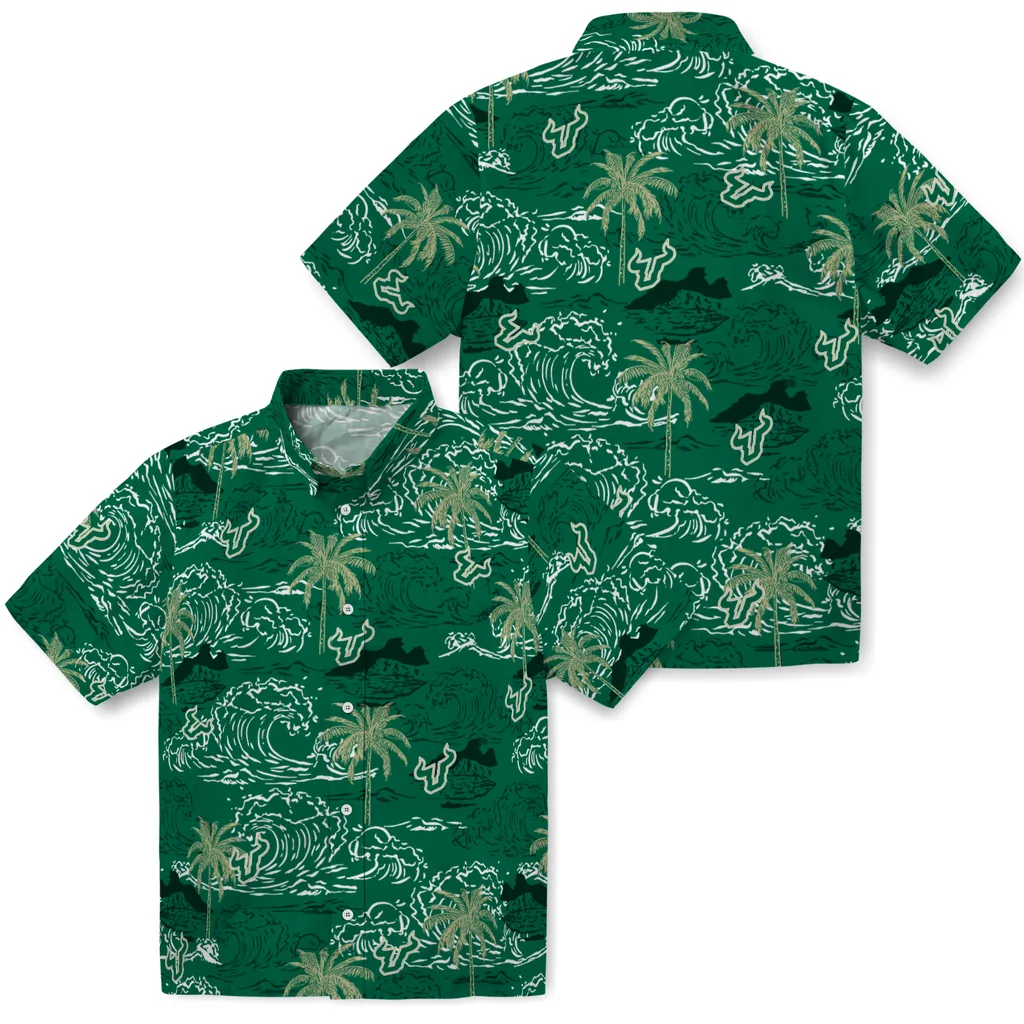 South Florida Bulls Hawaiian Shirt - Wave Palm south florida bulls wave palm green hawaiian shirts high quality