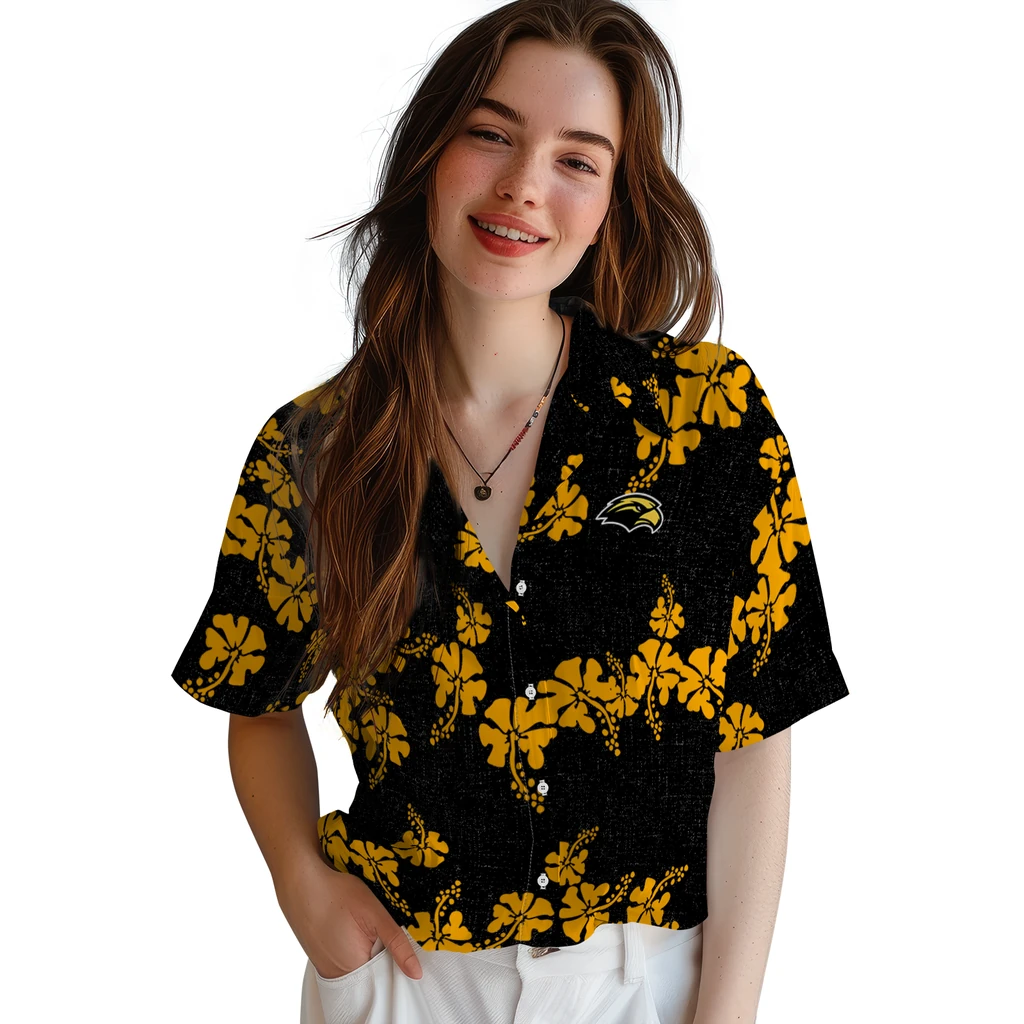 Southern Miss Golden Eagles Hawaiian Shirt - 50th State Flower southern miss golden eagles hibiscus petals black hawaiian shirts latest model