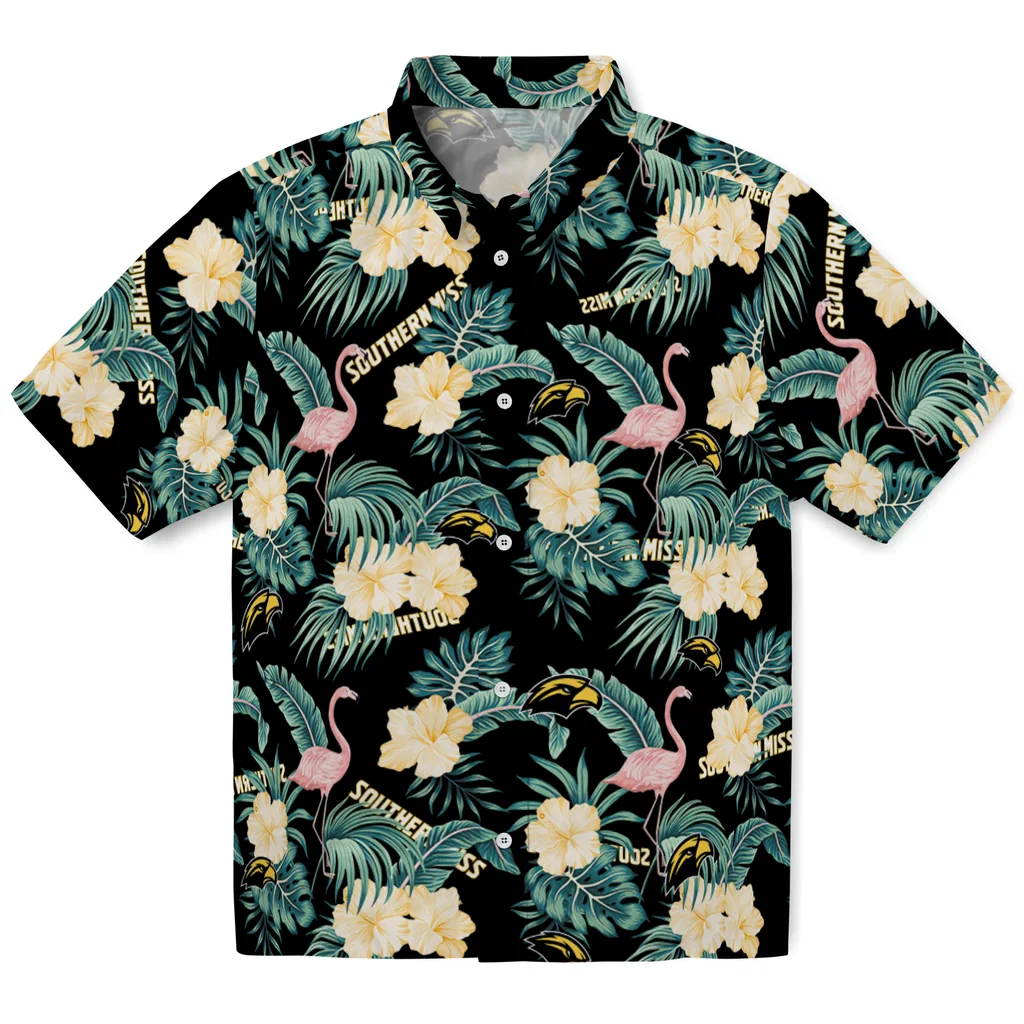 Southern Miss Golden Eagles Hawaiian Shirt - Flamingo and Hibiscus southern miss golden eagles flamingo palms black hawaiian shirts best selling
