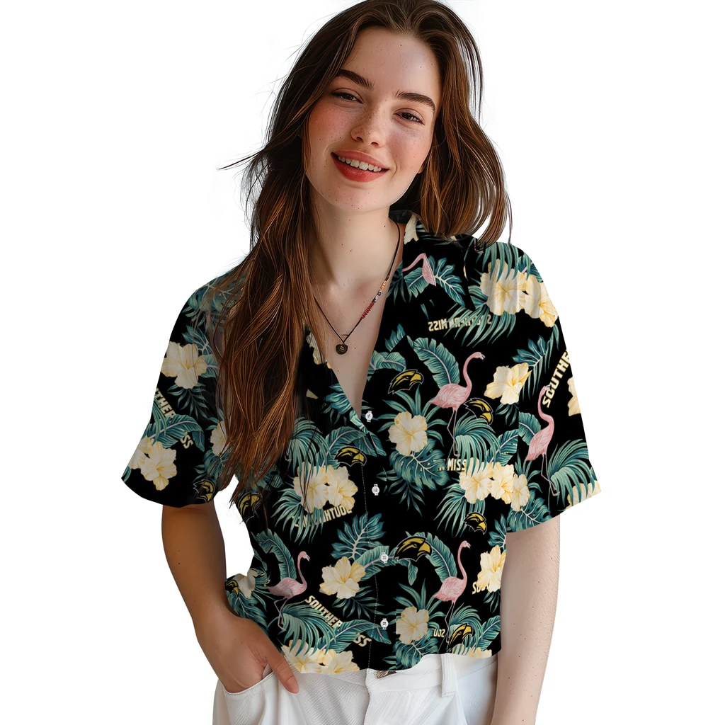 Southern Miss Golden Eagles Hawaiian Shirt - Flamingo and Hibiscus southern miss golden eagles flamingo palms black hawaiian shirts latest model