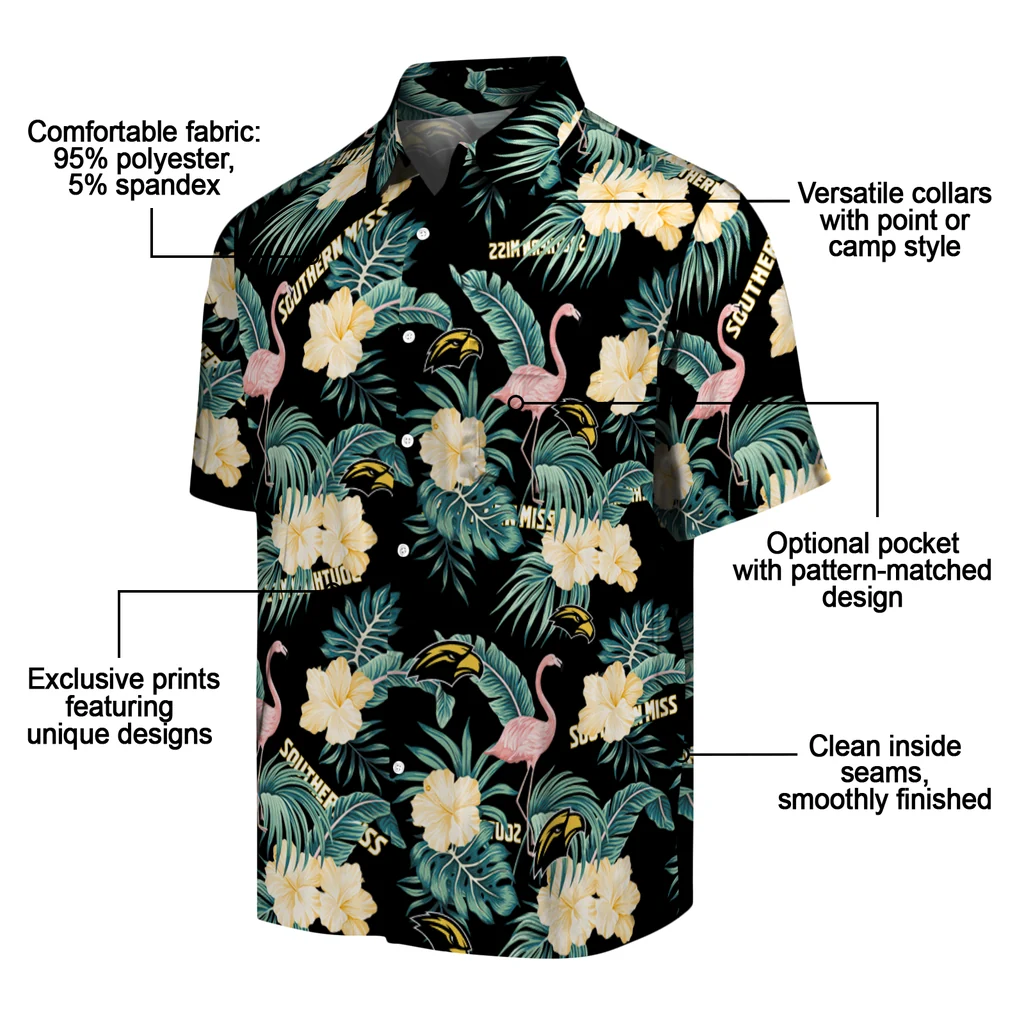 Southern Miss Golden Eagles Hawaiian Shirt - Flamingo and Hibiscus southern miss golden eagles flamingo palms black hawaiian shirts new arrival