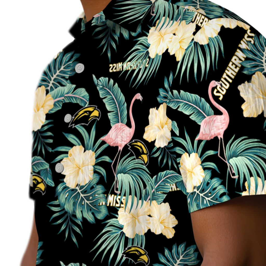 Southern Miss Golden Eagles Hawaiian Shirt - Flamingo and Hibiscus southern miss golden eagles flamingo palms black hawaiian shirts trendy