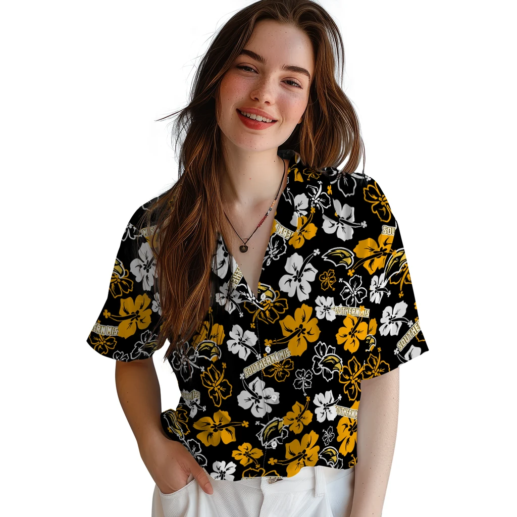 Southern Miss Golden Eagles Hawaiian Shirt - Hibiscus Flower Design southern miss golden eagles hibiscus bloom black hawaiian shirts latest model