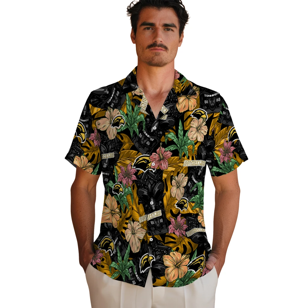 Southern Miss Golden Eagles Hawaiian Shirt - Hibiscus Tiki Jungle southern miss golden eagles tiki jungle black hawaiian shirts fashion forward
