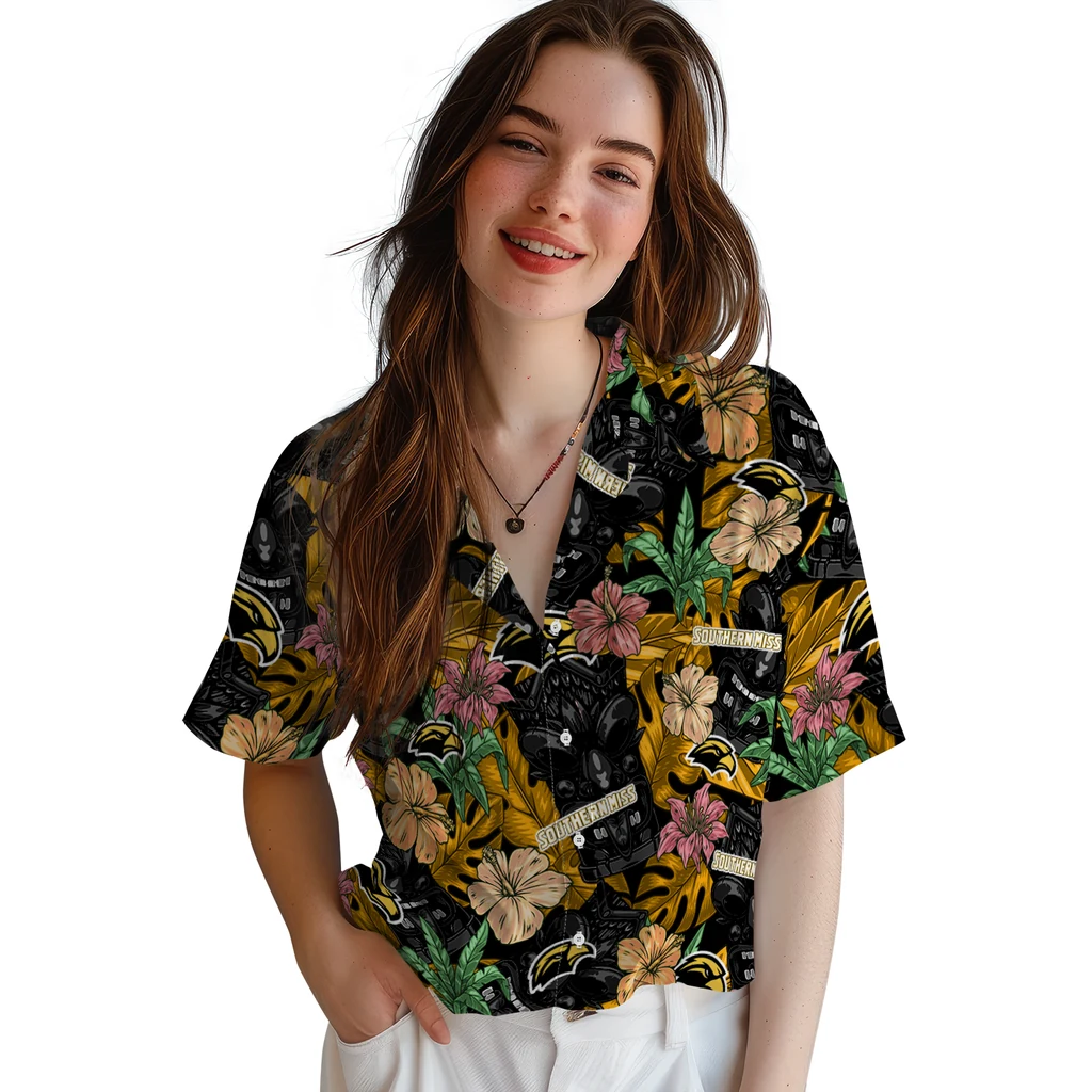 Southern Miss Golden Eagles Hawaiian Shirt - Hibiscus Tiki Jungle southern miss golden eagles tiki jungle black hawaiian shirts latest model
