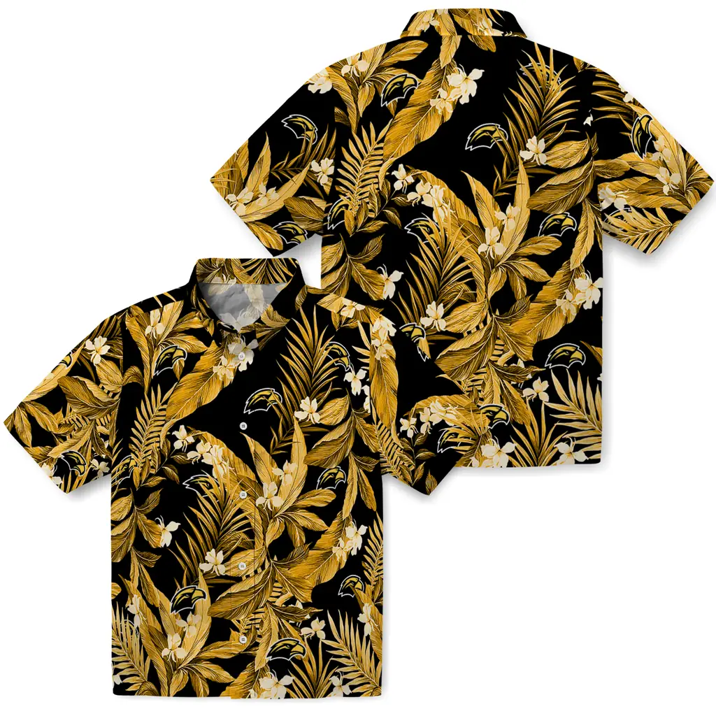 Southern Miss Golden Eagles Hawaiian Shirt - Palm Leaves southern miss golden eagles palm leaves black hawaiian shirts high quality