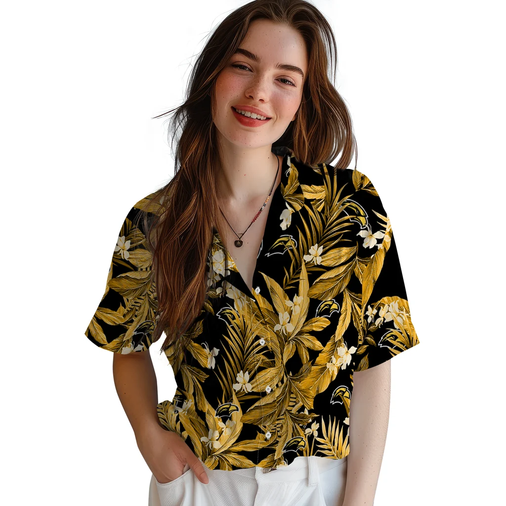 Southern Miss Golden Eagles Hawaiian Shirt - Palm Leaves southern miss golden eagles palm leaves black hawaiian shirts latest model