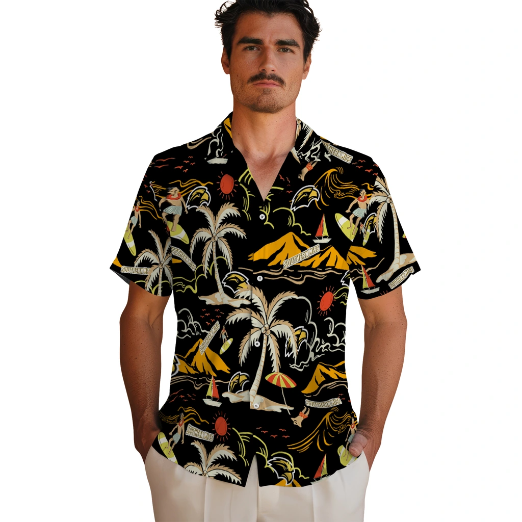 Southern Miss Golden Eagles Hawaiian Shirt - Palm Tree Island southern miss golden eagles palm tree island black hawaiian shirts fashion forward