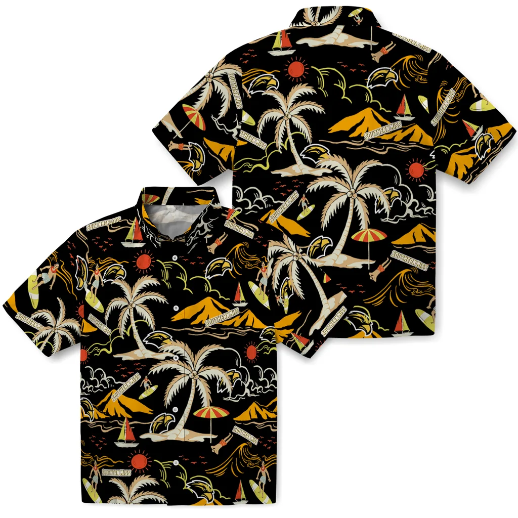 Southern Miss Golden Eagles Hawaiian Shirt - Palm Tree Island southern miss golden eagles palm tree island black hawaiian shirts high quality
