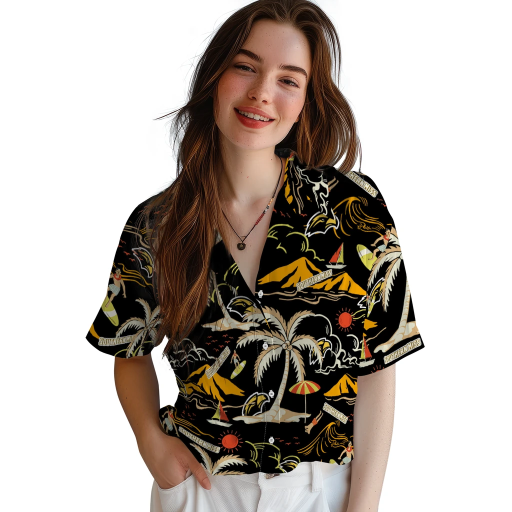 Southern Miss Golden Eagles Hawaiian Shirt - Palm Tree Island southern miss golden eagles palm tree island black hawaiian shirts latest model