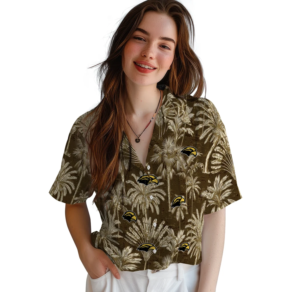 Southern Miss Golden Eagles Hawaiian Shirt - Vintage Palm Tree southern miss golden eagles palm shadows black hawaiian shirts latest model