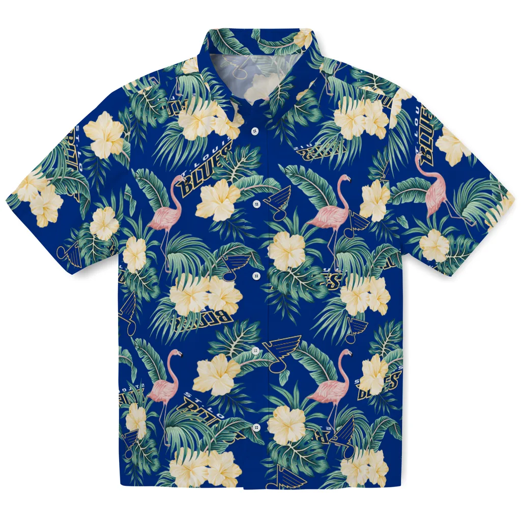 St. Louis Blues Hawaiian Shirt - Flamingo and Hibiscus st louis blues flamingo palms blue hawaiian shirts best selling