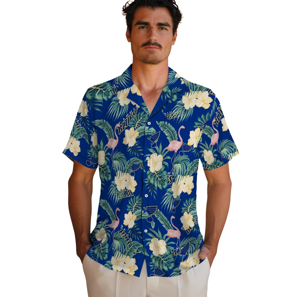 St. Louis Blues Hawaiian Shirt - Flamingo and Hibiscus st louis blues flamingo palms blue hawaiian shirts fashion forward