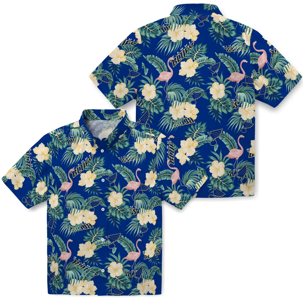 St. Louis Blues Hawaiian Shirt - Flamingo and Hibiscus st louis blues flamingo palms blue hawaiian shirts high quality