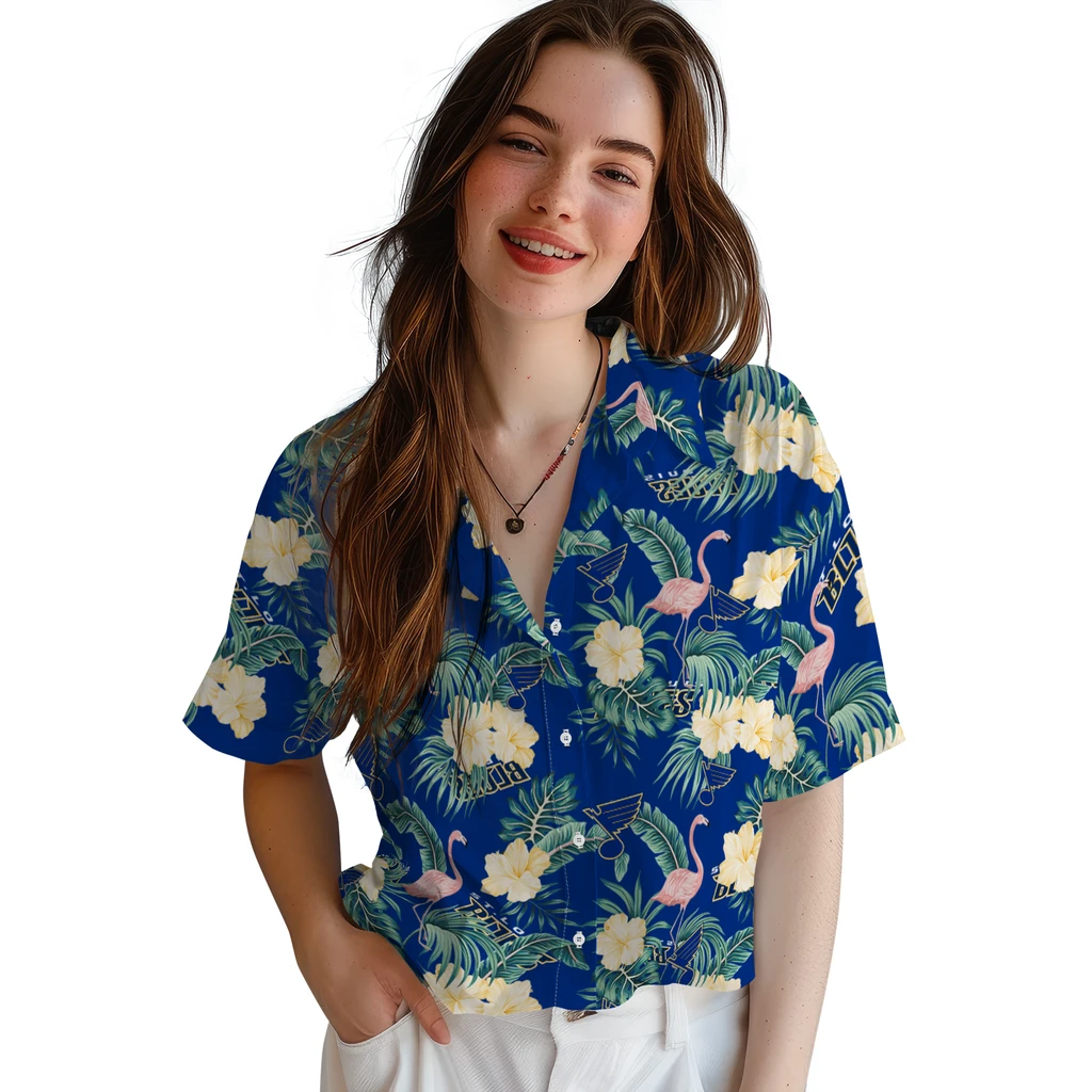 St. Louis Blues Hawaiian Shirt - Flamingo and Hibiscus st louis blues flamingo palms blue hawaiian shirts latest model