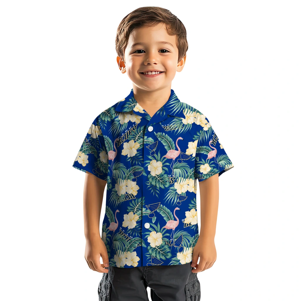 St. Louis Blues Hawaiian Shirt - Flamingo and Hibiscus st louis blues flamingo palms blue hawaiian shirts top rated