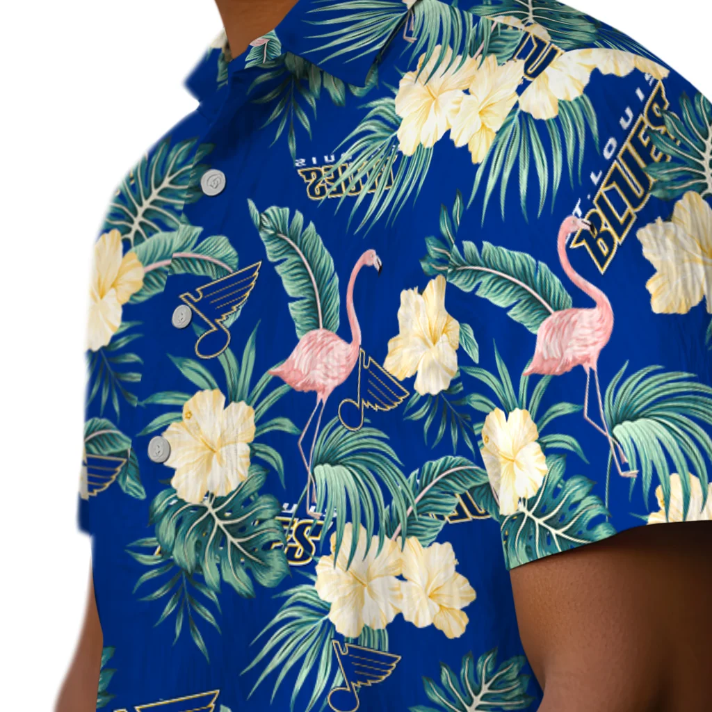 St. Louis Blues Hawaiian Shirt - Flamingo and Hibiscus st louis blues flamingo palms blue hawaiian shirts trendy