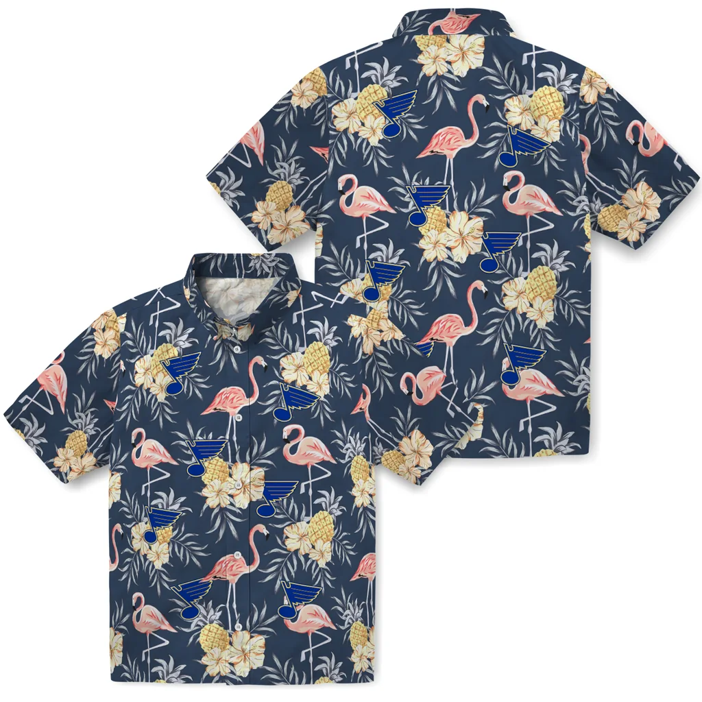 St. Louis Blues Hawaiian Shirt - Flamingo Hibiscus st louis blues flamingo hibiscus navy hawaiian shirts high quality