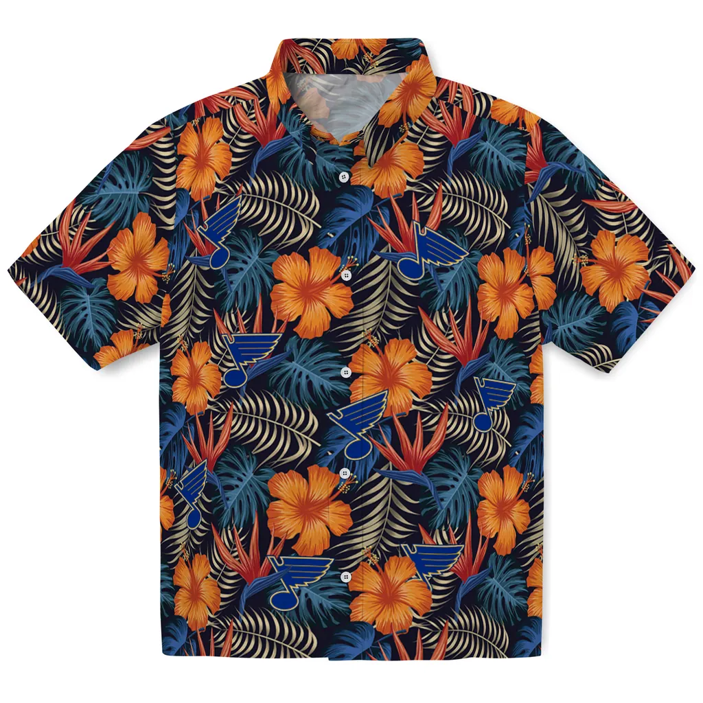 St. Louis Blues Hawaiian Shirt - Hibiscus Foliage st louis blues hibiscus foliage hawaiian shirts best selling