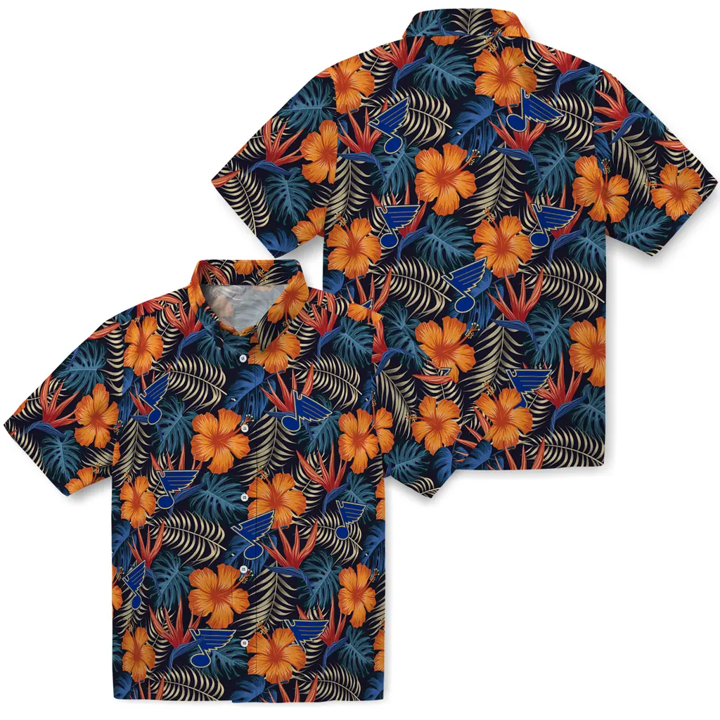 St. Louis Blues Hawaiian Shirt - Hibiscus Foliage st louis blues hibiscus foliage hawaiian shirts high quality