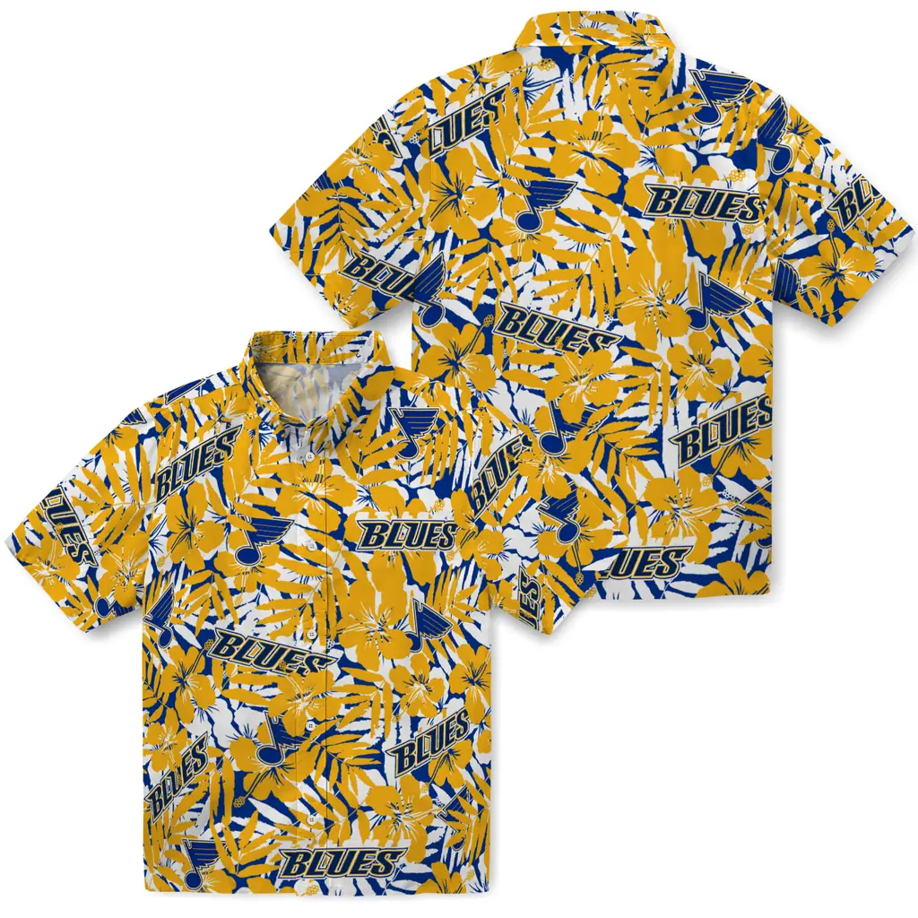 St. Louis Blues Hawaiian Shirt - Hibiscus Overlay st louis blues hibiscus overlay hawaiian shirts high quality
