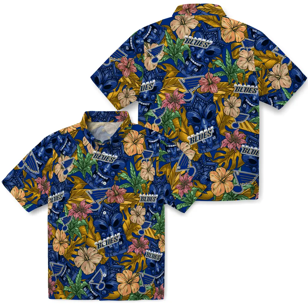 St. Louis Blues Hawaiian Shirt - Hibiscus Tiki Jungle st louis blues tiki jungle blue hawaiian shirts high quality