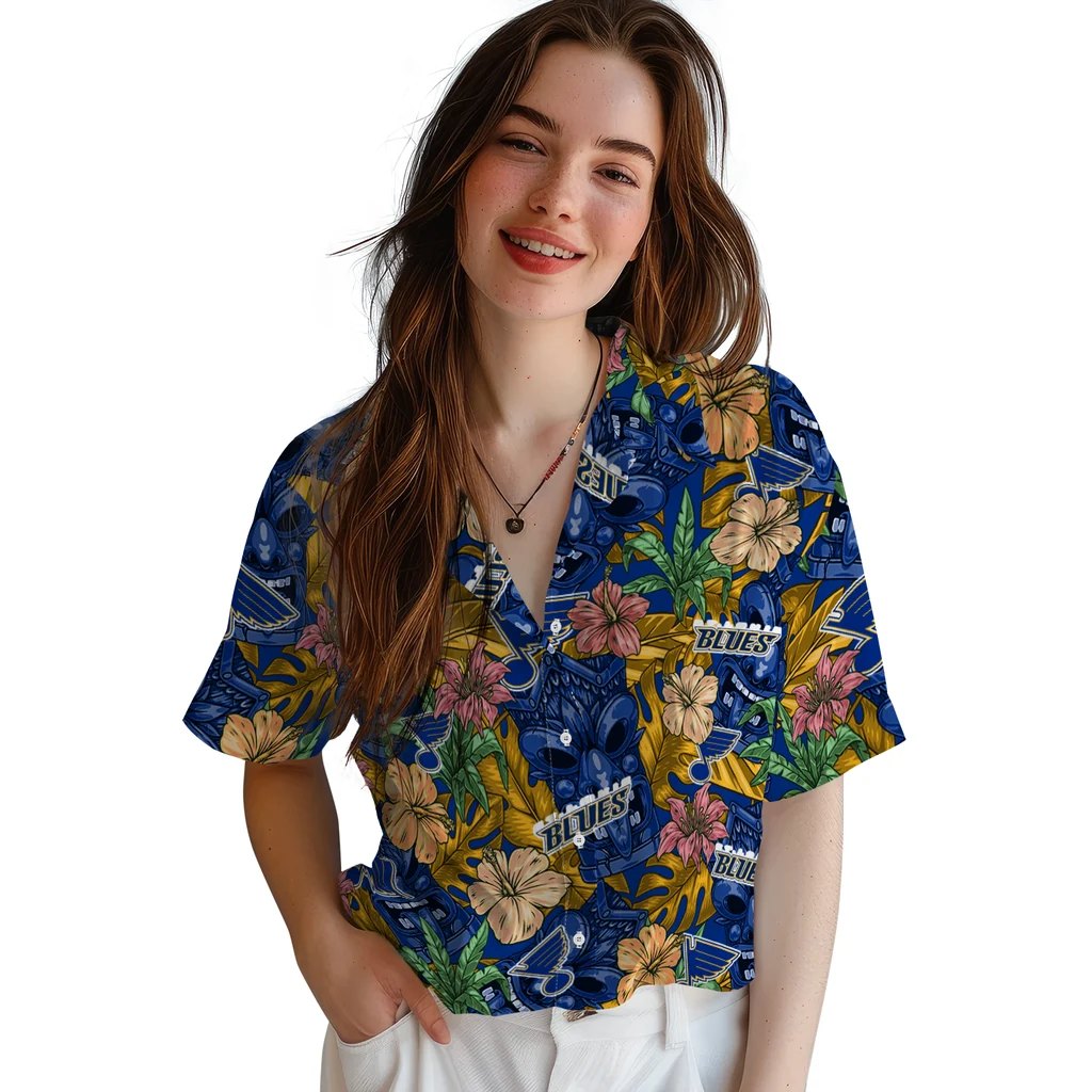St. Louis Blues Hawaiian Shirt - Hibiscus Tiki Jungle st louis blues tiki jungle blue hawaiian shirts latest model